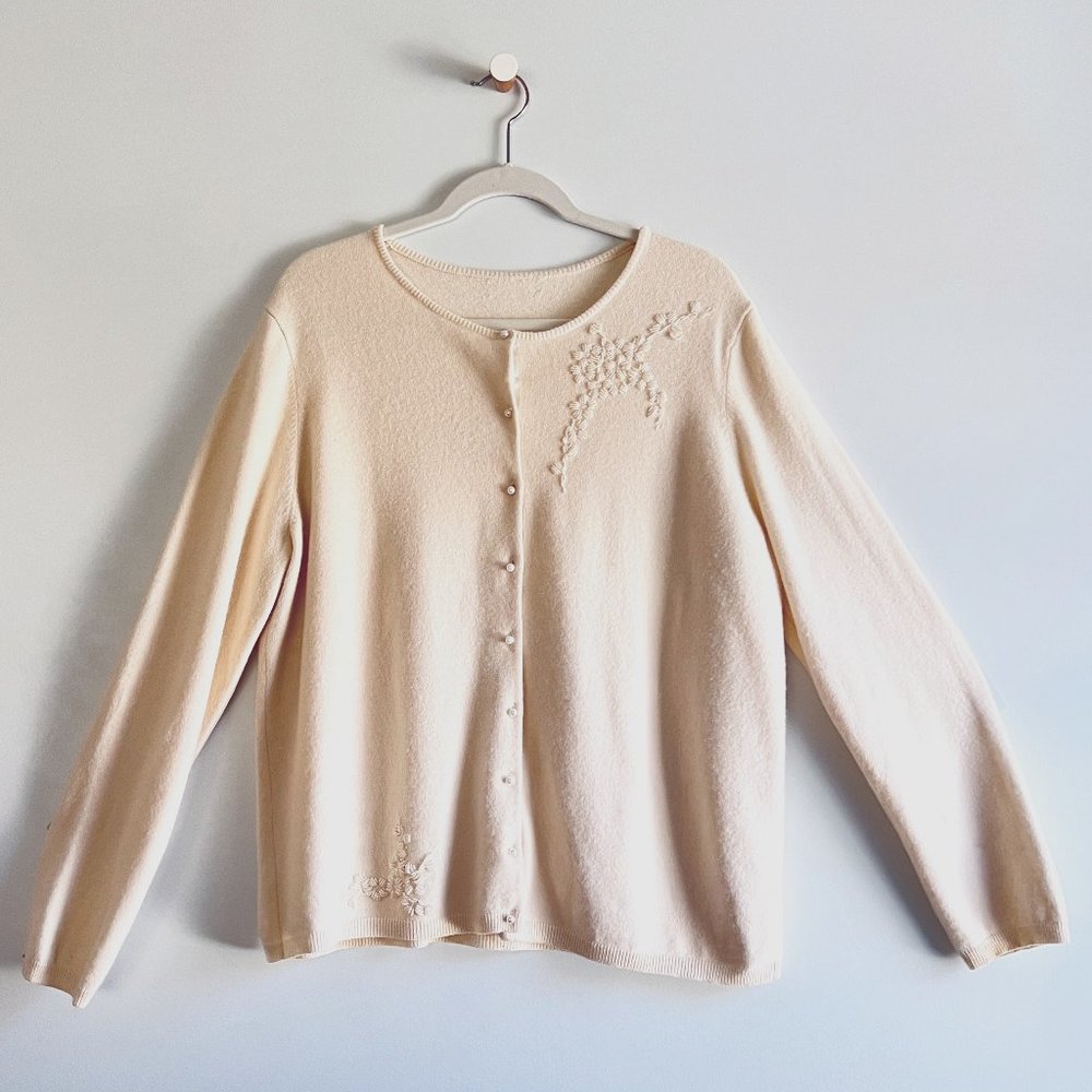 VINTAGE Angora Beaded Cardigan - Cream - 2X